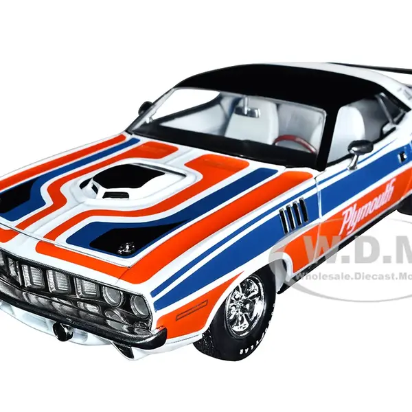 1971 Plymouth Barracuda 440 Pearl White with Blue and Red Stripes and Black Top Limited Edition to 6550 pieces Worldwide 1/24 Diecast Model Car by M2