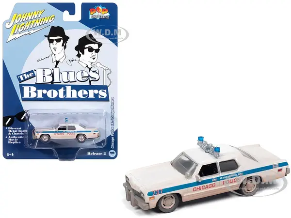 1975 Dodge Monaco "Chicago Police" White (Dirty Version) "Blues Brothers" (1980) Movie "Pop Culture" 2024 Release 2 1/64 Diecast Model Car by Johnny