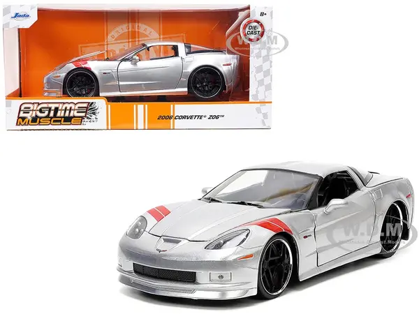 2006 Chevrolet Corvette Z06 Silver Metallic with Red Stripes "Bigtime Muscle" Series 1/24 Diecast Model Car by Jada