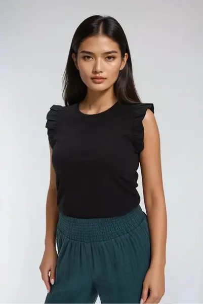 Marisse Black Blouse With Ruffles On The Shoulders