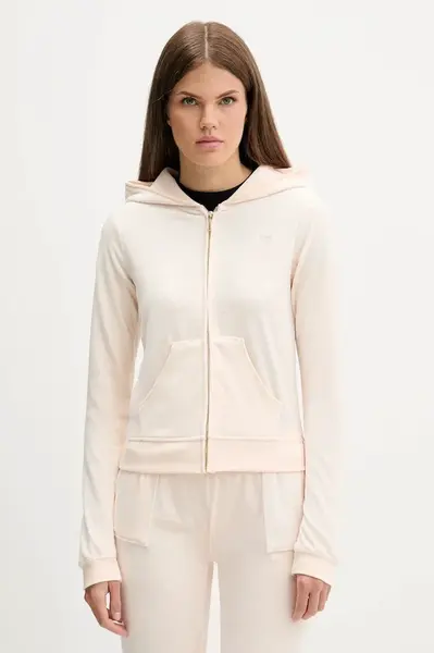 Mikina Juicy Couture HERITAGE ROBYN HOODIE dámská, růžová barva, s kapucí, s aplikací, JCSEBJ007G