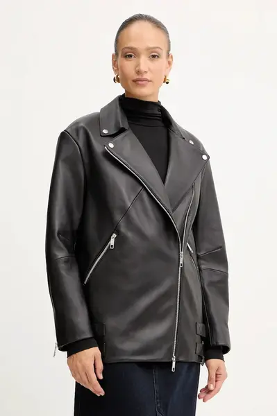 Kožený křivák BOSS Sarica černá barva, oversize, 50547474