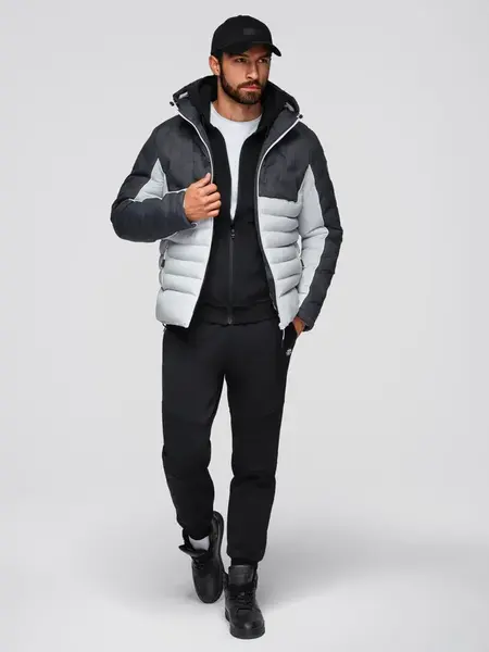 Ombre Men's quilted jacket with detachable hood - graphite and white