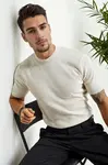 33307 Dewberry Mens Crew Neck Short Sleeve Thin Knit Sweater-BEIGE
