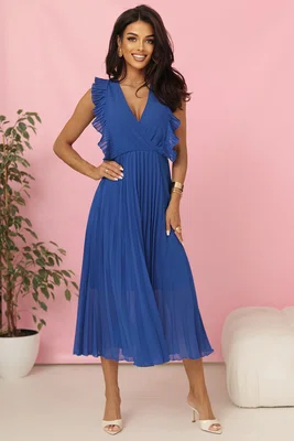315-8 EMILY Pleated dress with ruffles and neckline - cornflower blue