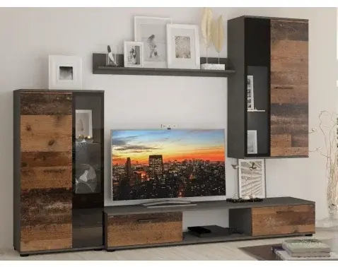 Obývacia stena Samsa, vintage optika kovu/dreva%