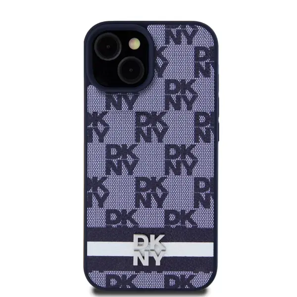 Zadní kryt DKNY PU Leather Checkered Pattern and Stripe pro Apple iPhone 15, modrá