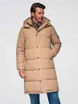 Ombre Men's quilted long jacket with detachable hood - beige