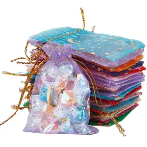 96Pcs 12 Colors Gold Stamping Moon & Star Organza Drawstring Gift Storage Bags