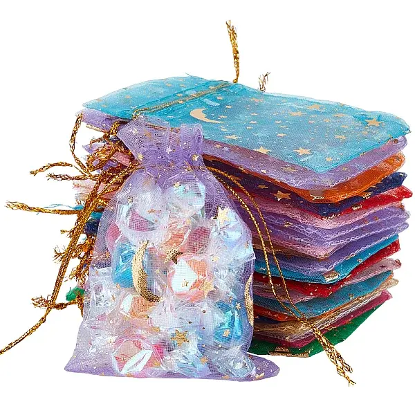 96Pcs 12 Colors Gold Stamping Moon & Star Organza Drawstring Gift Storage Bags