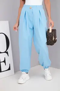 Kesi Włoski Dámské bavlněné kalhoty s vysokým pasem a ozdobným knoflíkem modré