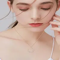 1PC Stainless Steel Pave Clear Cubic Zirconia New Moon Pendant Necklaces