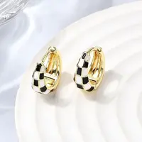 Tartan Pattern Brass Enamel Hoop Earrings for Women