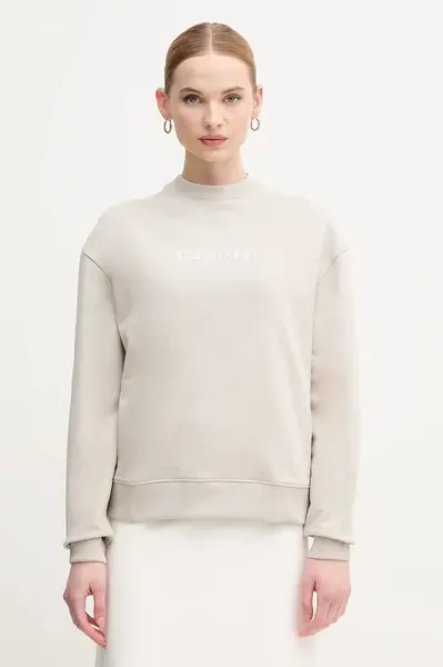 Bavlněná mikina Calvin Klein dámská, béžová barva, s potiskem, K20K205450