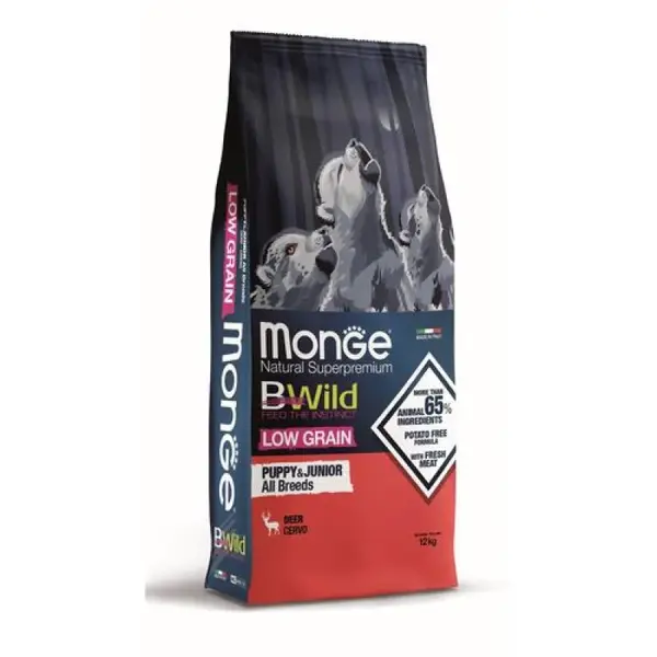 MONGE BWild Low Grain Puppy & Junior 12kg kompletné krmivo pre šteňatá všetkých plemien s jelením mäsom so znížením obsahom obilnín