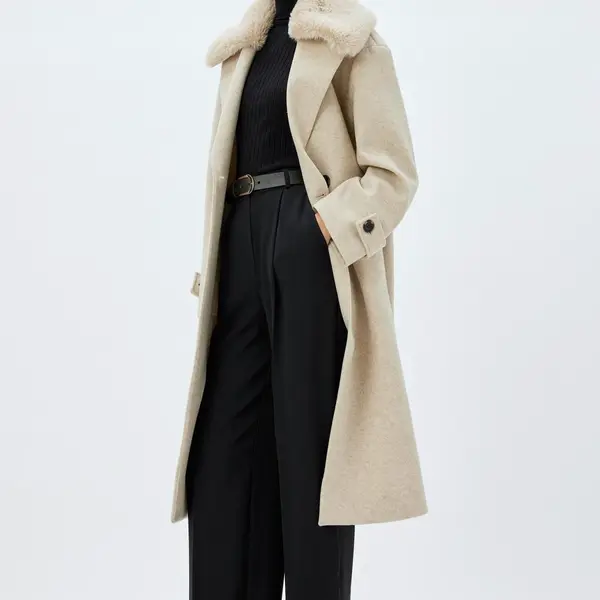 Koton Long Faux Für Cashmere Coat with Removable Collar and Pocket