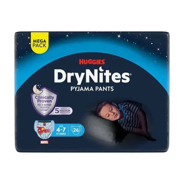 HUGGIES® Kalhotky plenkové jednorázové DryNites MEGA 17-30 kg Boy, 26 ks, M