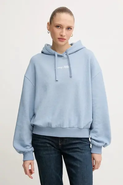 Mikina Tommy Hilfiger dámská, modrá barva, s kapucí, s potiskem, WW0WW47459
