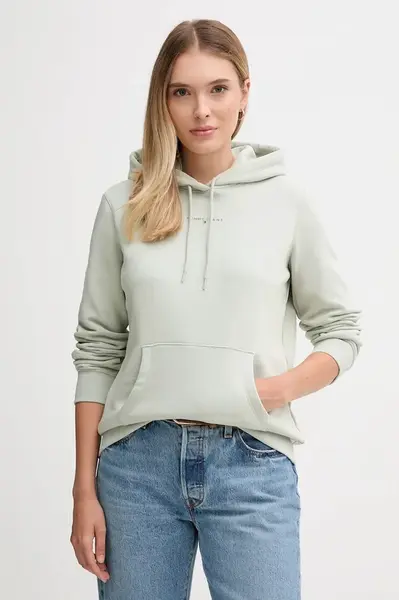 Mikina Tommy Jeans dámská, zelená barva, s kapucí, s potiskem, DW0DW21963