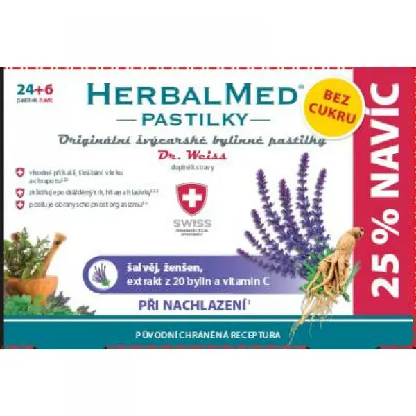 DR. WEISS Herbalmed pastilky bez cukru šalvěj + ženšen + vitamín C 24 + 6 kusů