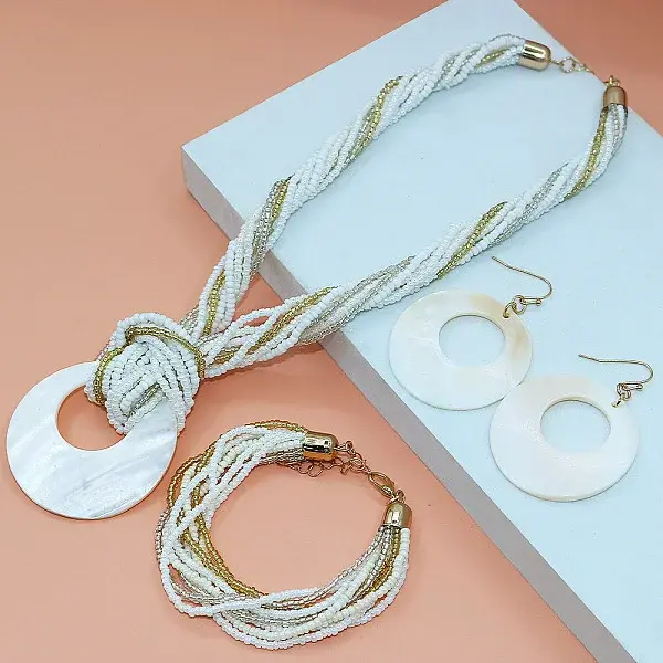 Bohemian Style Ring Shell & Glass Seed Beaded Pendant Necklaces & Dangle Earrings & Bracelets Sets