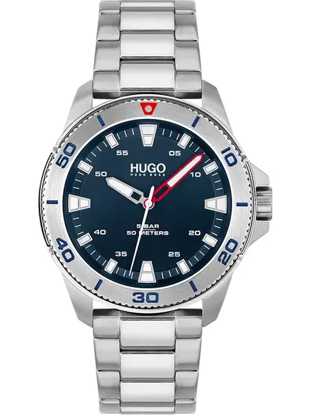 HUGO Analógové hodinky  tmavomodrá / červená / strieborná