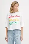 Bavlněné tričko United Colors of Benetton x Stranger Things dámské, bílá barva, 3BL0D10BC