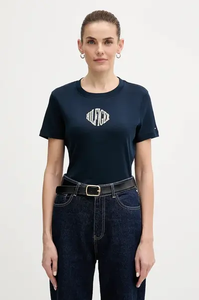 Bavlněné tričko Tommy Hilfiger dámské, tmavomodrá barva, WW0WW47880