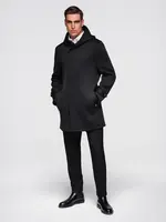 Ombre Men's minimalist medium length coat with hood - black