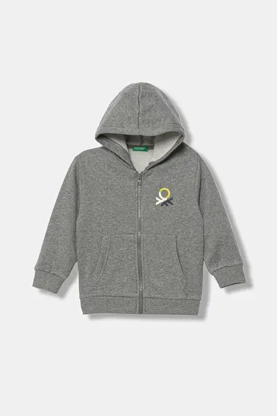 Dětská mikina United Colors of Benetton šedá barva, s kapucí, s potiskem, 3EB5G5043