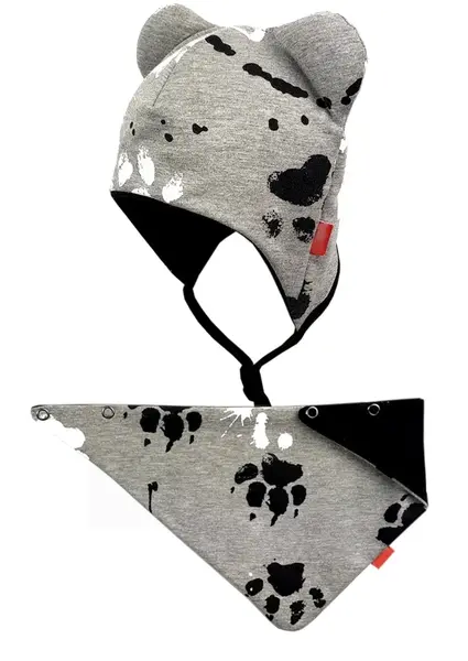 bexa Dvouvrstvá čepice na zavazování s oušky + šátek - Tlapky, šedá, vel. 80/86