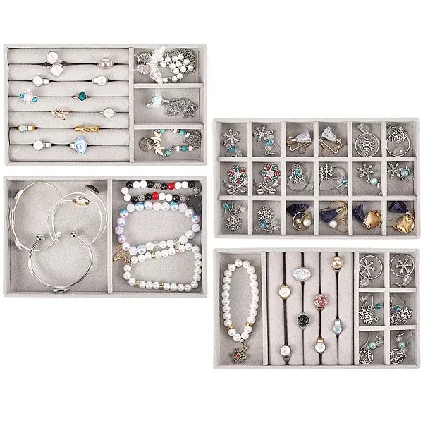 4Pcs 4 Styles Rectangle Velvet Jewelry Trays