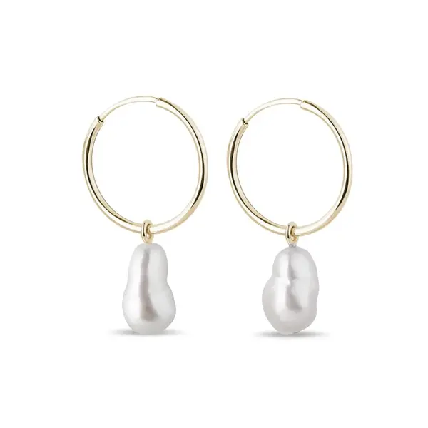 Náušnice kruhy ze žlutého zlata se sladkovodní perlou KLENOTA