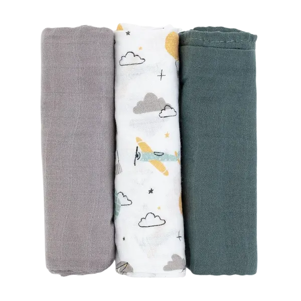 PETITE&MARS Súprava plienok bambusová mušelínová Moussy Grey Planes, 68 x 68 cm 3 ks