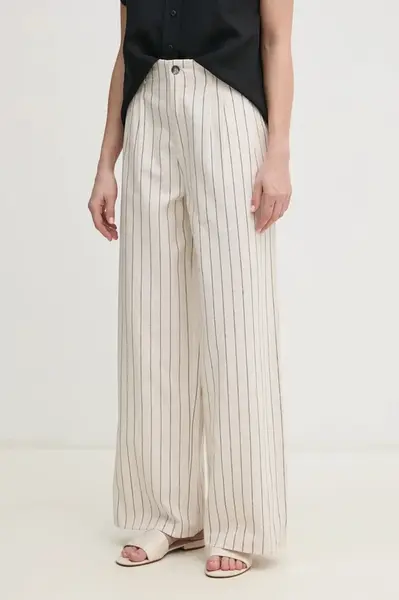 Lněné kalhoty Pepe Jeans HERLY dámské, béžová barva, široké, high waist, PL211806