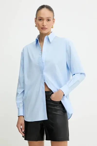 Bavlněná košile Pinko dámská, modrá barva, relaxed, s klasickým límcem, 102476 A2CR