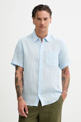 Lněná košile A.P.C. chemisette bellini logo pánská, modrá barva, relaxed, s klasickým límcem, LIAEK.H12551