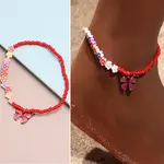 Alloy Butterfly Charm Glass Seed Beaded Stretch Anklets for Beach Party