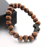 Wood Cross & Round Beaded Stretch Bracelets for Men
