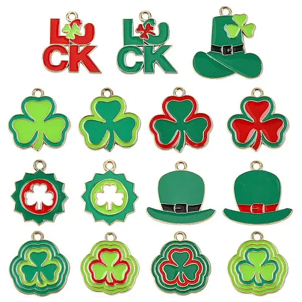 30Pcs 15 Styles Saint Patrick's Day Alloy Enamel Pendants
