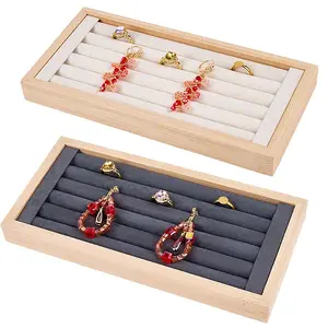 2Pcs 2 Colors Rectangle Wood Covered with Velvet Ring Display Trays