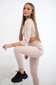 Žebrovaný crop top set světle béžový