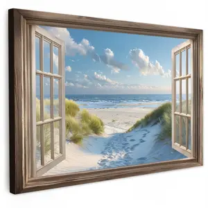 MuchoWow OBRAZ NA PLÁTNĚ Pohled - Pláž - Okno - Duny - Moře 120x80 cm