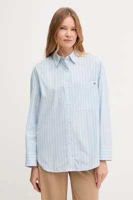 Bavlněná košile Tommy Hilfiger dámská, modrá barva, relaxed, s klasickým límcem, WW0WW45892