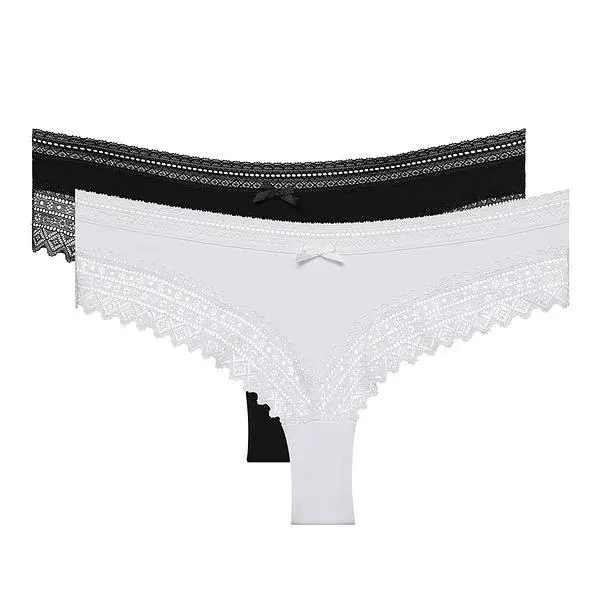 DIM SEXY FASHION BRAZILIAN 2x - Women's cotton brazilians with lace 2 pcs - black - white