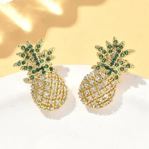 Pineapple Brass Micro Pave Cubic Zirconia Stud Earrings