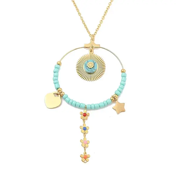 Boho Plasic Bead & 304 Stainless Steel Flower & leaf Pendant Cable Chain Necklaces for Women