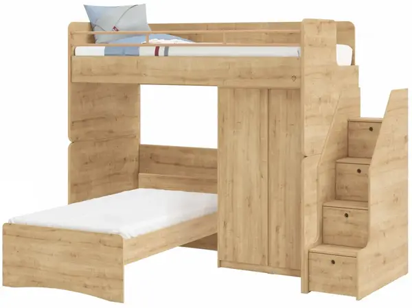 Patrová postel se skříní a schůdky cody modular - dub