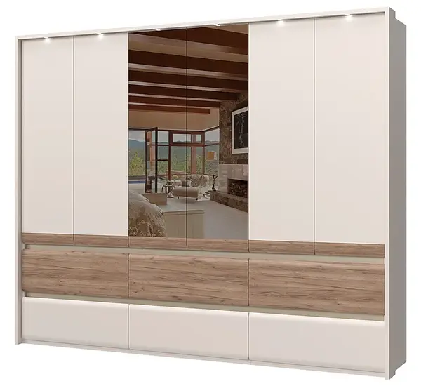 Šestidveřová šatní skříň se 2 zrcadly a led osvětlením artemisia - dub