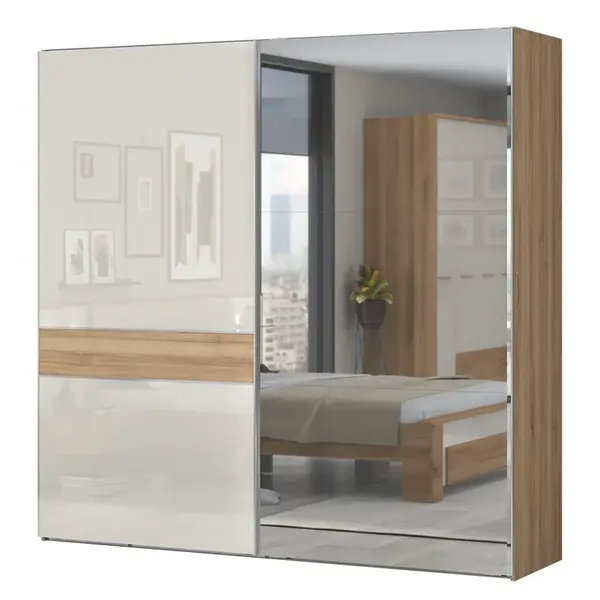 Široká skříň posuvná 2d se zrcadlem hagop-ořech pacifik/béžová -